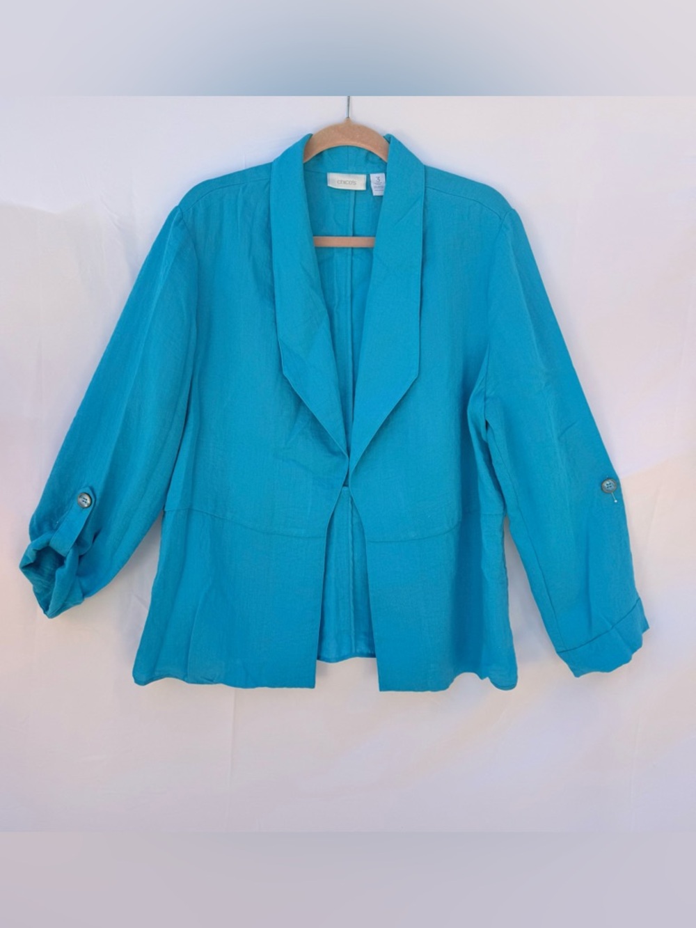 Chico’s Blue Linen Blend Blazer Size 3 Lightweight Jacket Open Front Casual Work